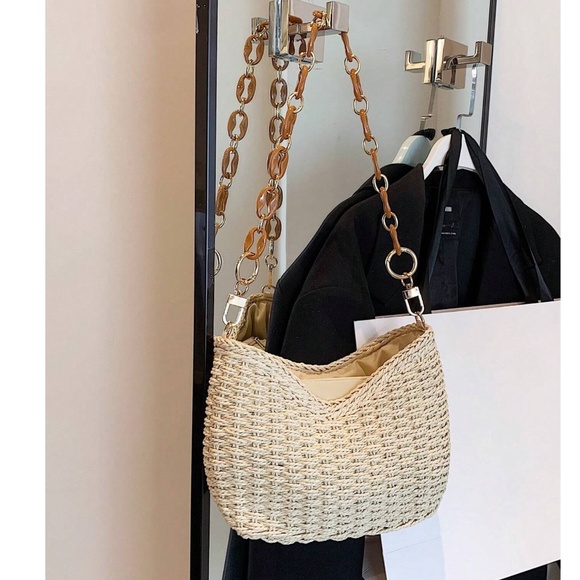 Boho Straw Woven Rattan Chain Strap Shoulder Bag - Picture 6 of 9